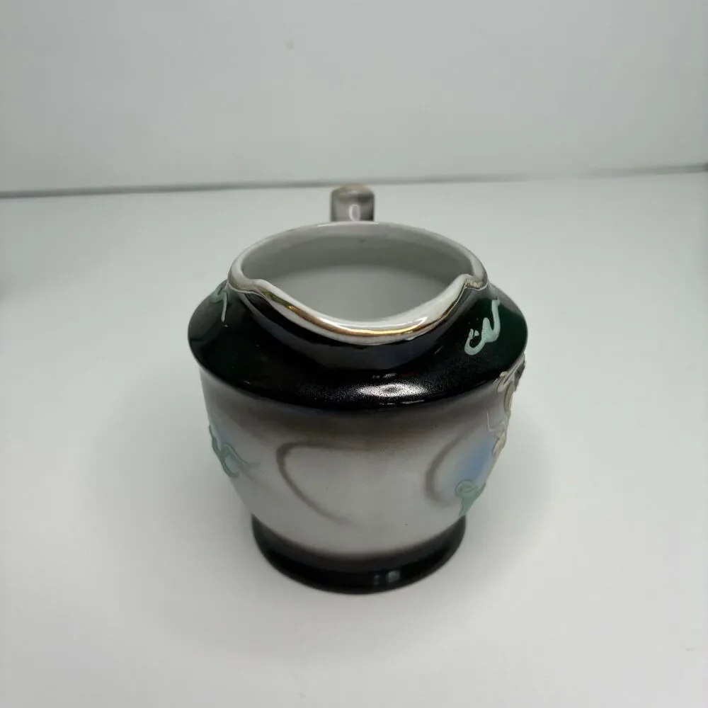Dragonware Japan Moriage Lithophane Black Gray Blue Tea Pot Creamer Sugar Set